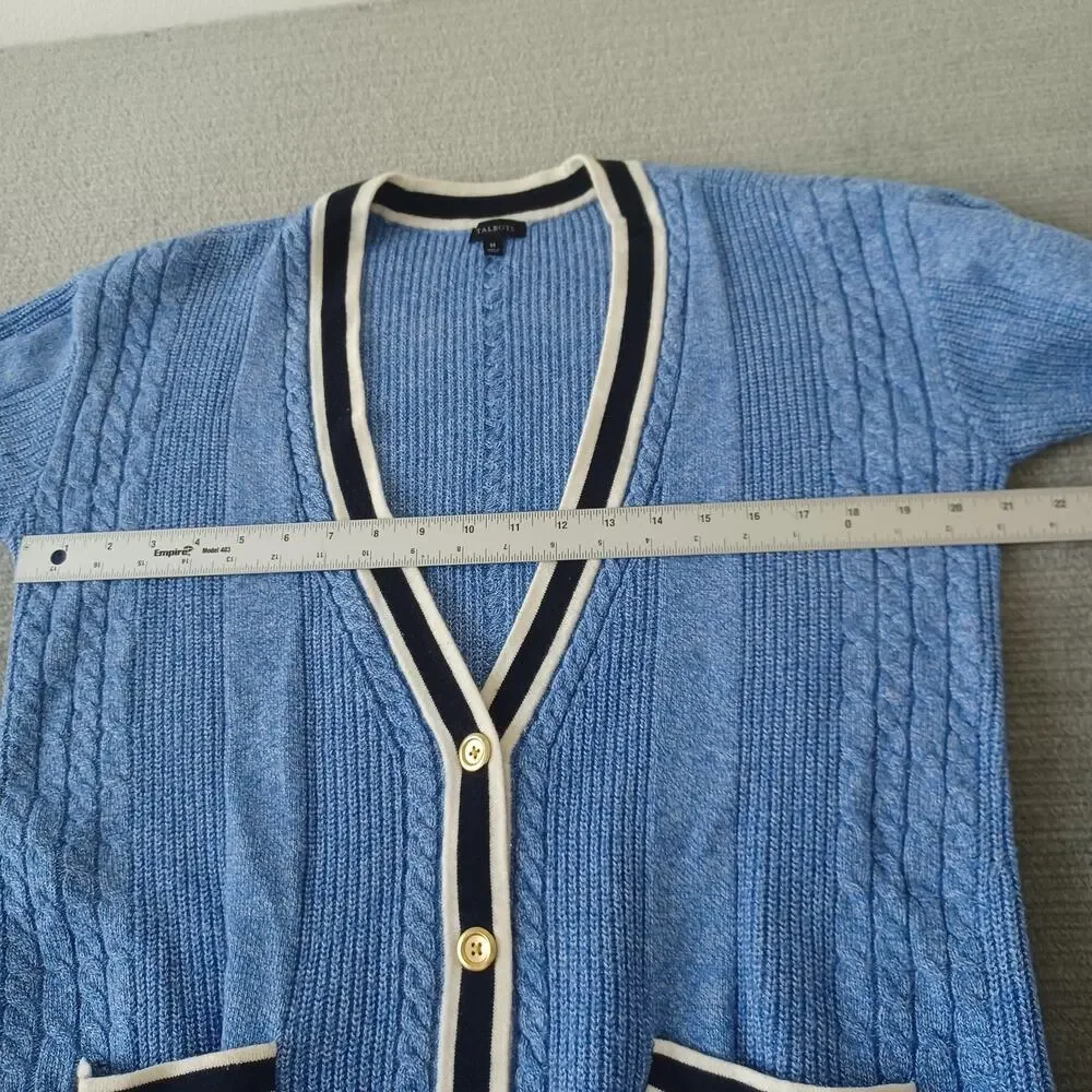 Talbots Cable Knit Cardigan Women M Blue Deep V-Neck Heavyweight Grannycore Cozy